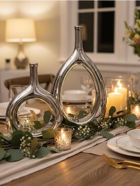 Glossy Silver Ceramic Vase Set